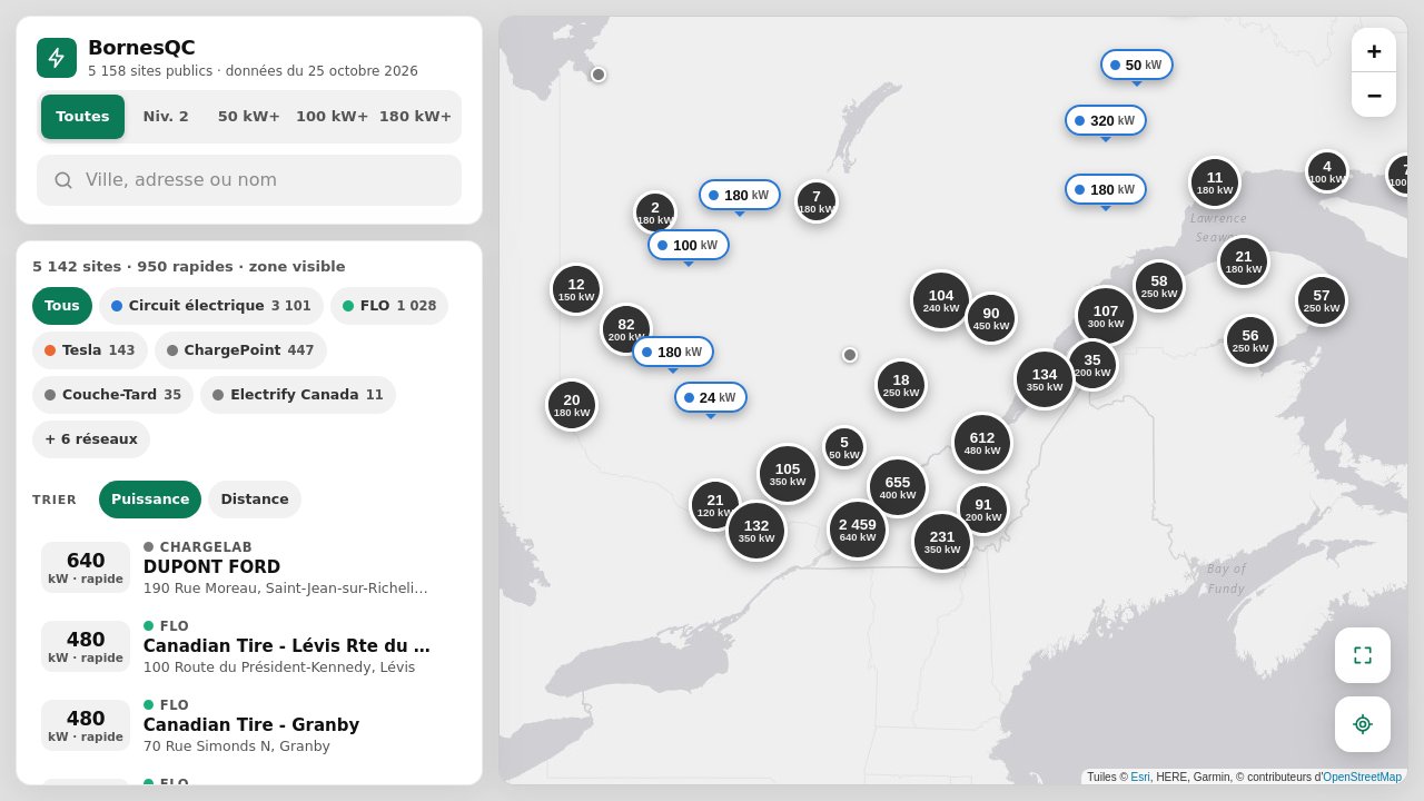The BornesQC map: public charging stations across Québec, coloured by network, next to the list of the fastest stations
