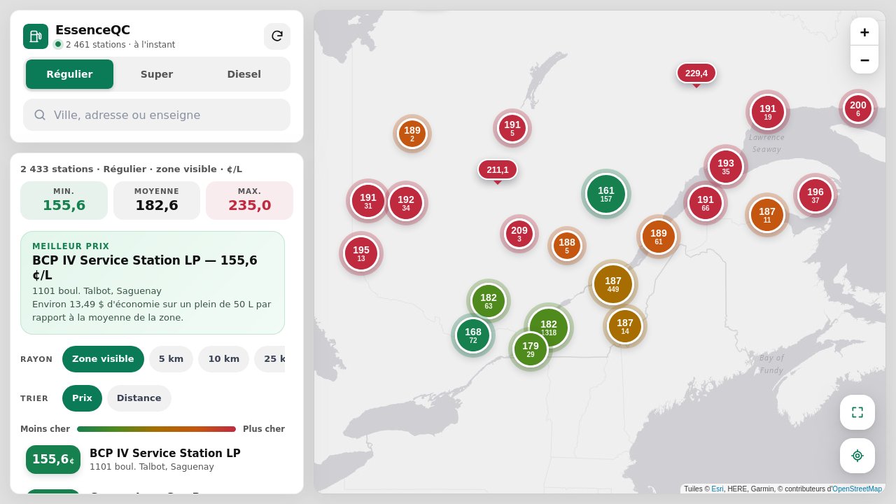 The EssenceQC map: gas prices at service stations across Québec, next to the list of the cheapest stations